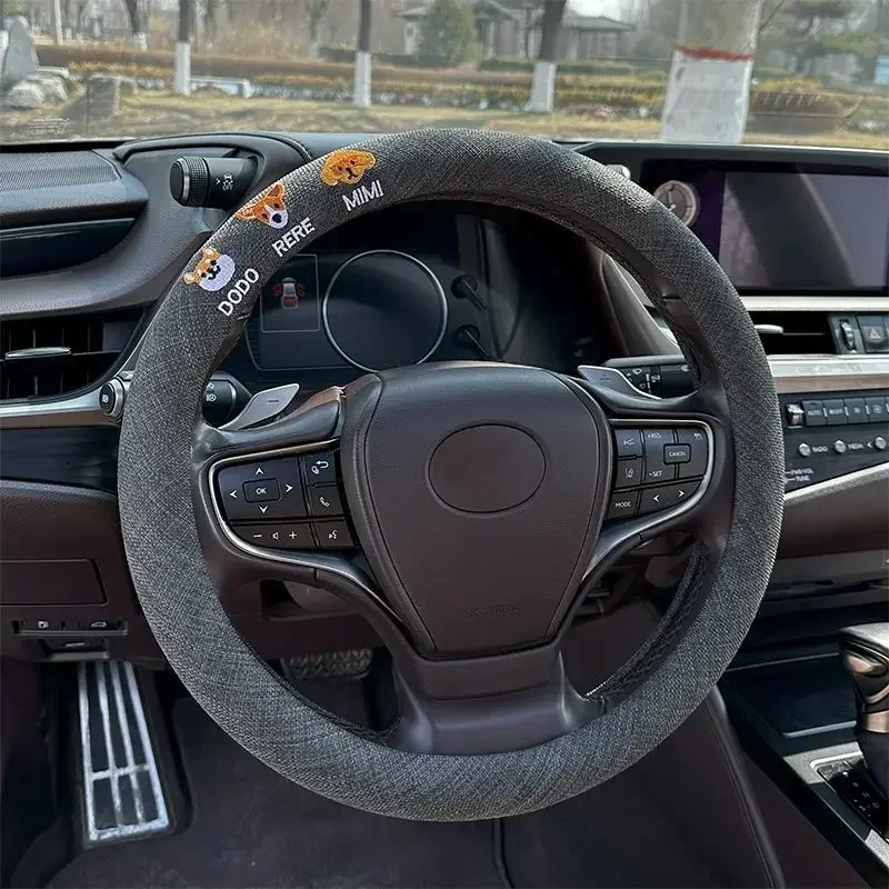 Cotton and Linen Steering Wheel Cover 2024 New Embroidered Fabric Anti-slip Sweat-absorbent Ultra-thin Four-season Unisex Car