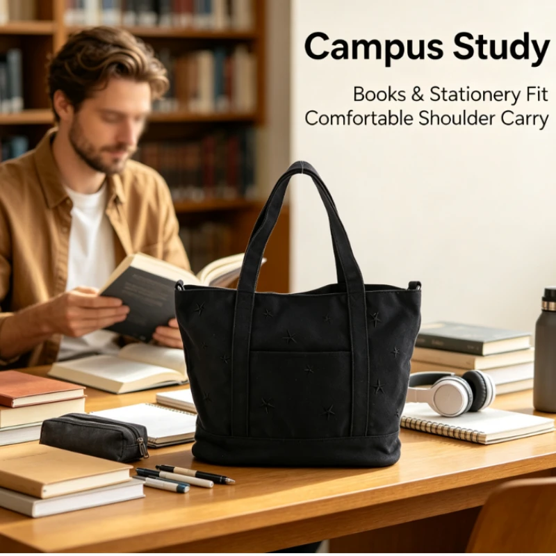 Black Canvas Tote Bag With Embroidered Star Pattern And Dual Top Handles For Casual Shopping And Library Visit