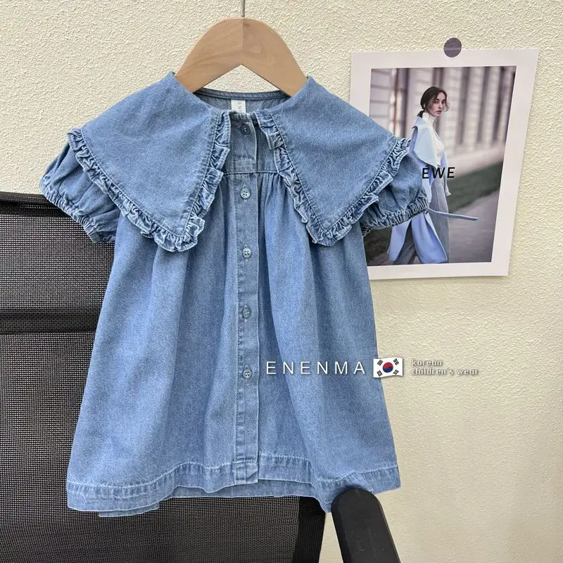 Vestito per bambini vestito estivo da ragazza alla moda con maniche a bolle vestito in Denim a maniche corte in cotone per bambini vestito da