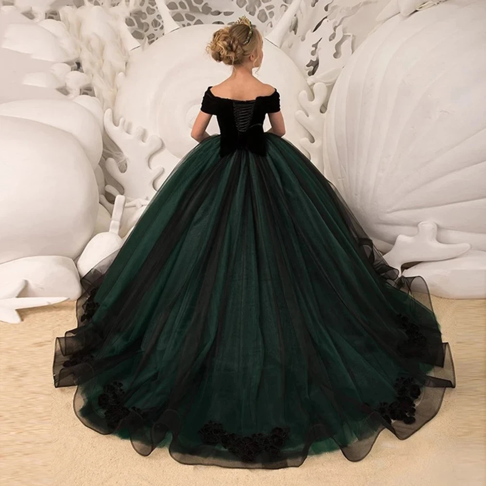 Vestido de flores verde oscuro para niña, Tulle esponjoso, un hombro descubierto, boda elegante, fiesta de celebración de eucarista para niños