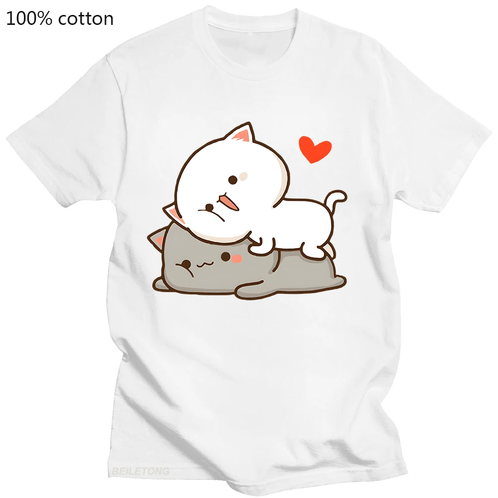 Peach Cat Goma Mochi Cartoon Print Tshirt Kawaii Women's Clothing Femme Korean Style Clothes Harajuku T Shirt Tops 100% Cotton