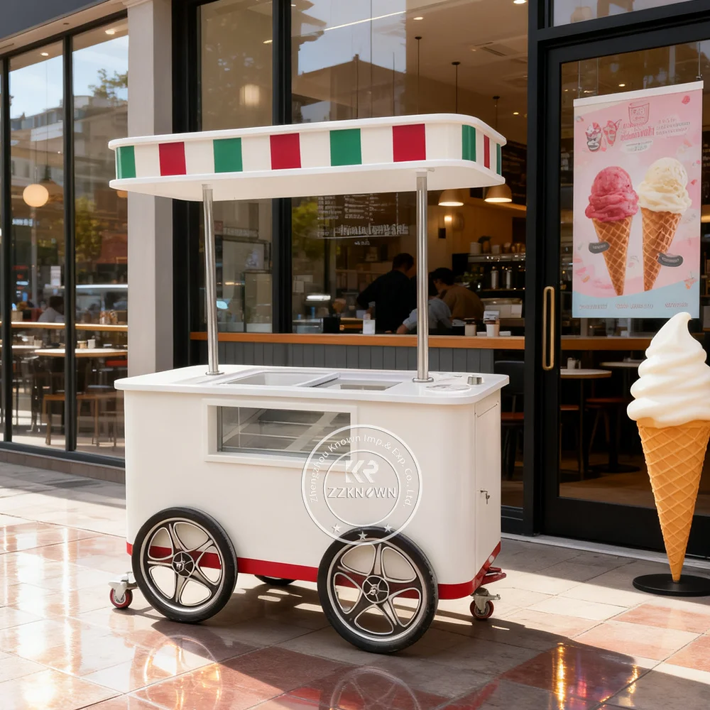 New Type Ice Cream Vending Cart Tricycles Stainless Steel Cooling Display Cart with Umbrella and Built-in Refrigerator