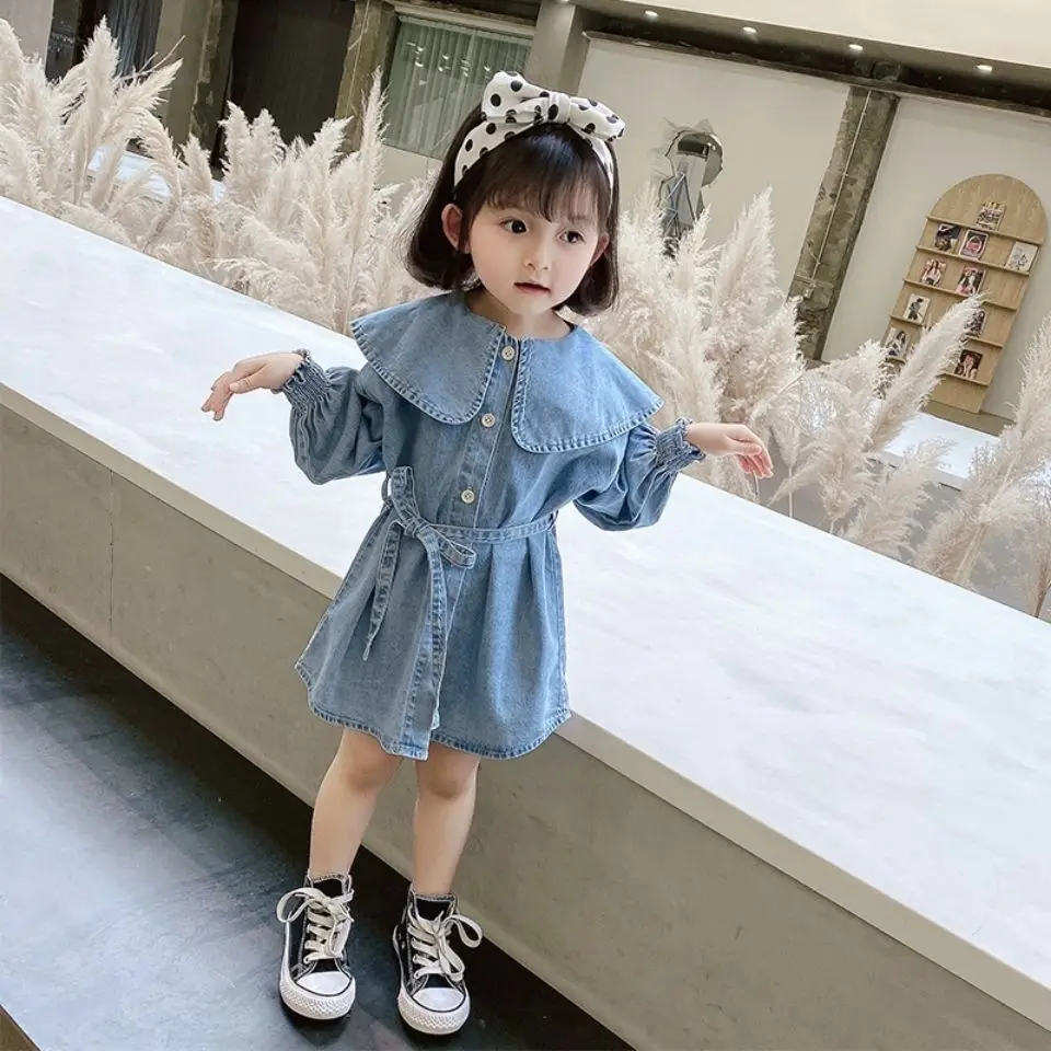 Baby Girls Denim Shirt Dress Spring and Autumn New Korean Edition Children's Mid length Top Little Girl Coat