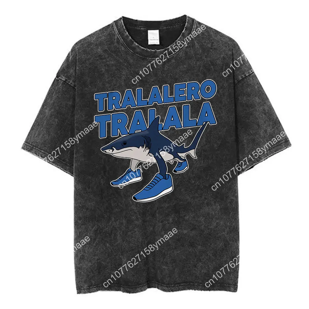 Tralalero Tralala Bombardiro Crocodilo Funny Shark Meme Washed T-shirt Men Women Vintage Summer Cotton Oversized T Shirt Tops