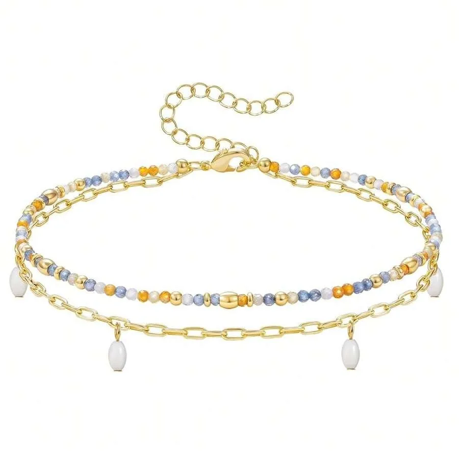 

Layered Ankle Bracelets For Women, Summer Beaded Anklets Waterproof Adjustable Handmade Jewelry Gifts