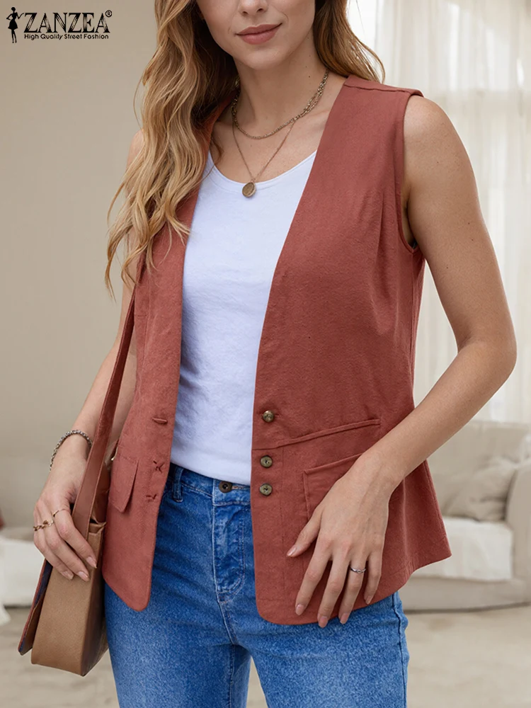 

Autumn Fashion Solid Vests ZANZEA Women Buttons Elegant Streetwear Casual Coats 2025 Ladies V-Neck Sleeveless Outwear Oversized