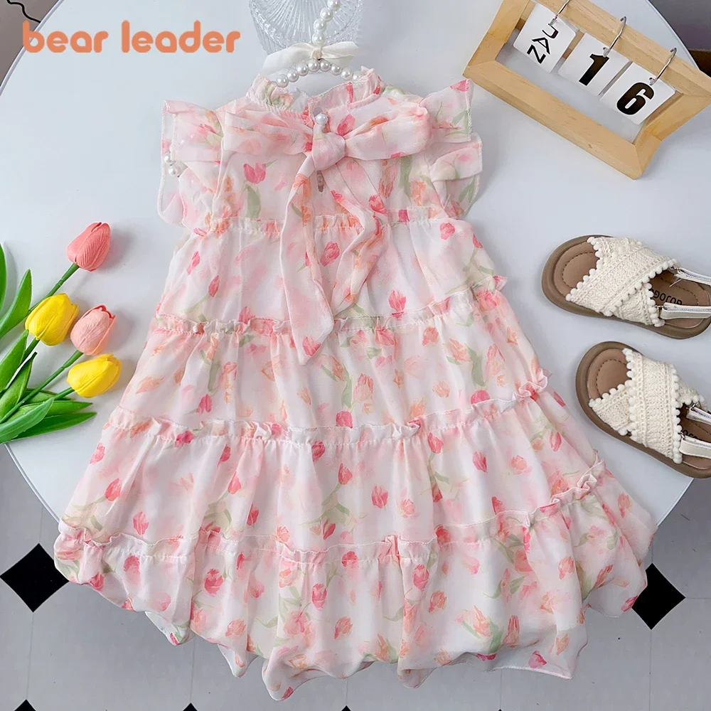 Bär Führer 2-7 Jahre Sommer Mode Bogen Dekoration Druck Prinzessin Kleid Rosa Ärmellose Mädchen Casual Kleider Süße Kinder kleidung