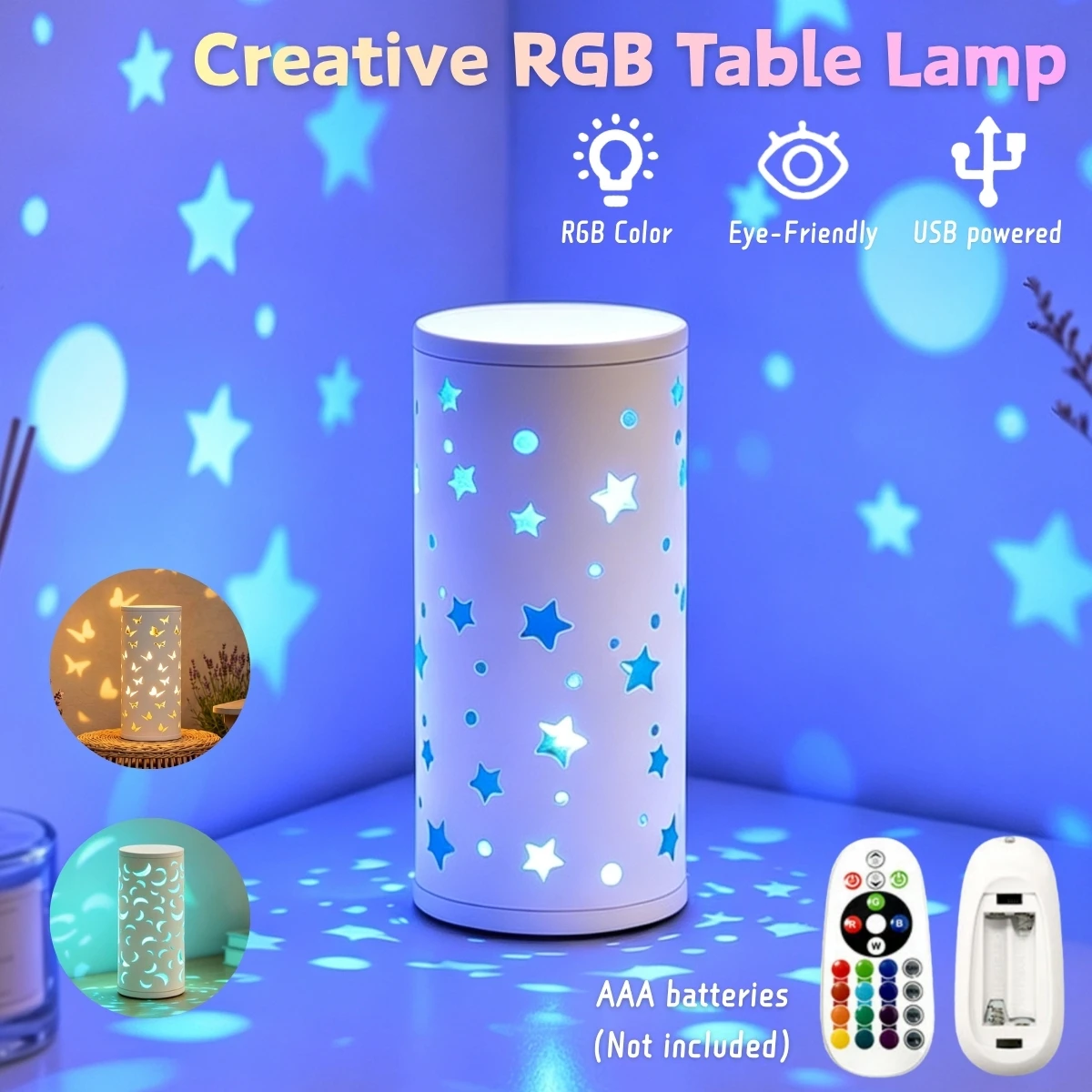 1pc Creative RGB Table Lamp, Hollow‑out Shadow Design, With Remote Control, Compact and Nice‑Looking, Decor for Bedroom