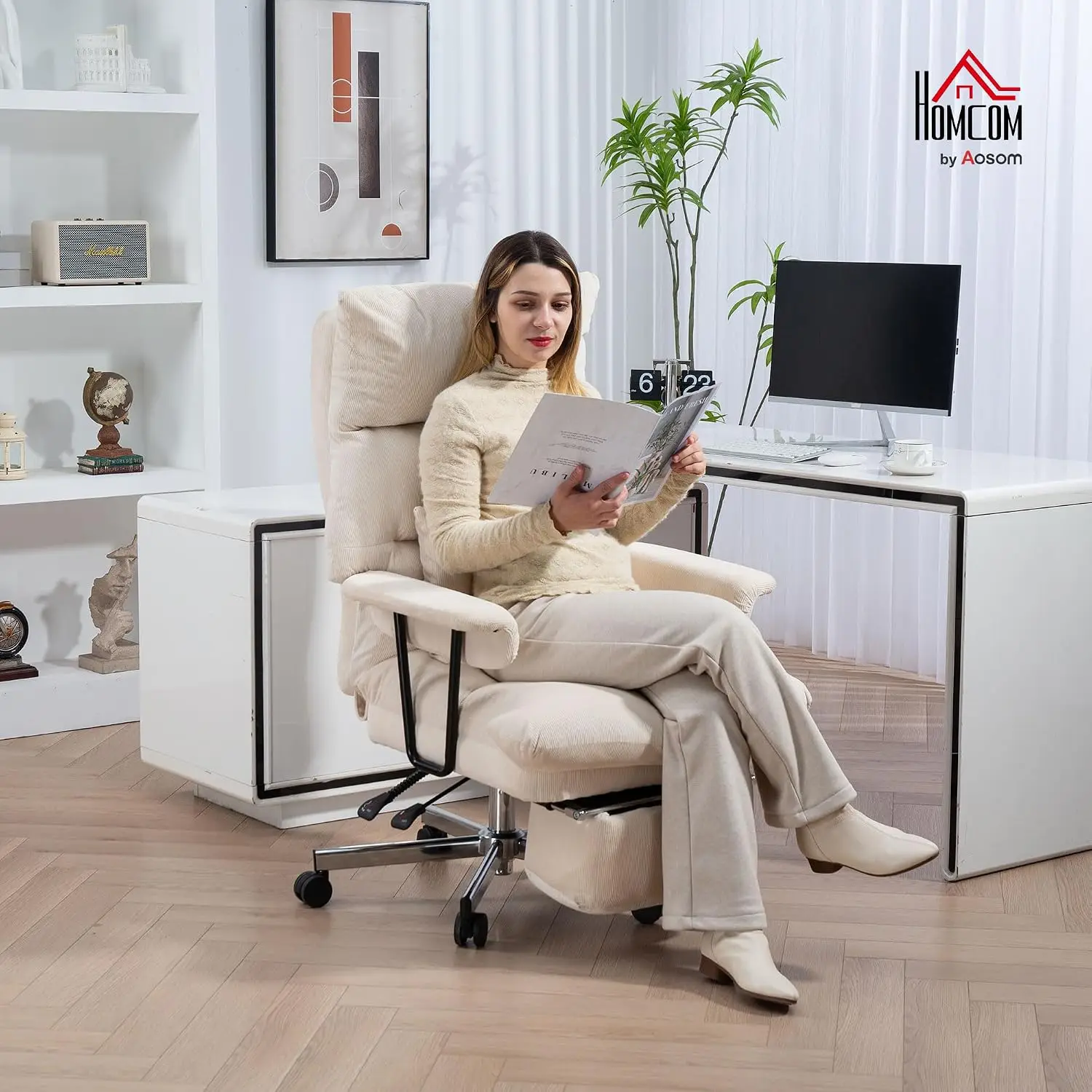 HOMCOM Large Overstuffed Office Chair with Lumbar Support Cream White | High Back Reclining, Executive Corduroy Computer Desk Ch