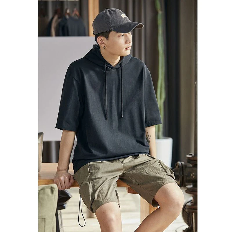Summer Men Drawstring Hooded Short Sleeve Sweatshirts Thin Teenager Fashion Simple All-match 2xl Oversized Clothing Black White