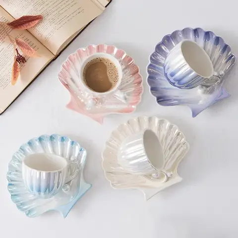 Shell Mug Cup Ceramic Coffee Cups Creative Rare Pearl Plates Set Dessert Dish Milk Tea Tools Changes Color Temperature Glass Mug
