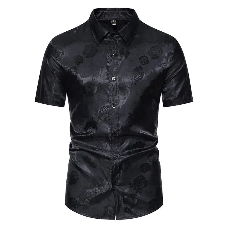 Summer New European Men's Short Sleeved Shirt With Fashionable Rose Print Casual Slim Fit Men's Short Sleeved Shirt Top