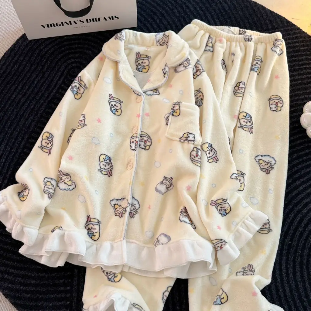 Women's Chiikawa Pajamas Set Kawaii Hachiware Cartoon Flannel Sleepwear Autumn Winter Cartoon Pajama Home Clothes Christmas Gift