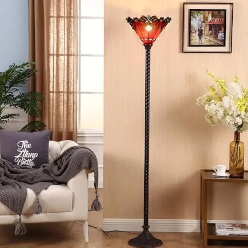 67 inch  Style Stained Glass Torchiere Floor Lamp with 13 Inch Wide Handmade Lampshade, Metal Base