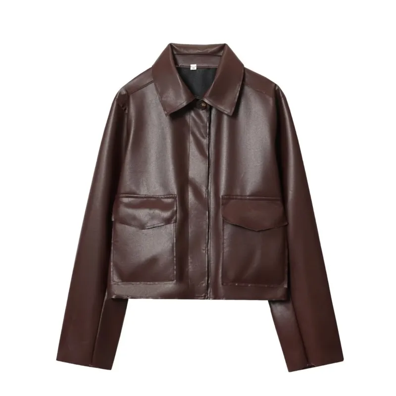 

HipSeam Women Short Faux Leather Jacket with Button Autumn Long Sleeve Lapel Collar Women's Short Coats Chic Female Tops