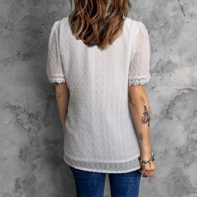 FDEY Women's Solid Lace Chiffon Short Sleeve Shirt V-neck Blouse Casual Commuter Formal Dress Women's Shirt