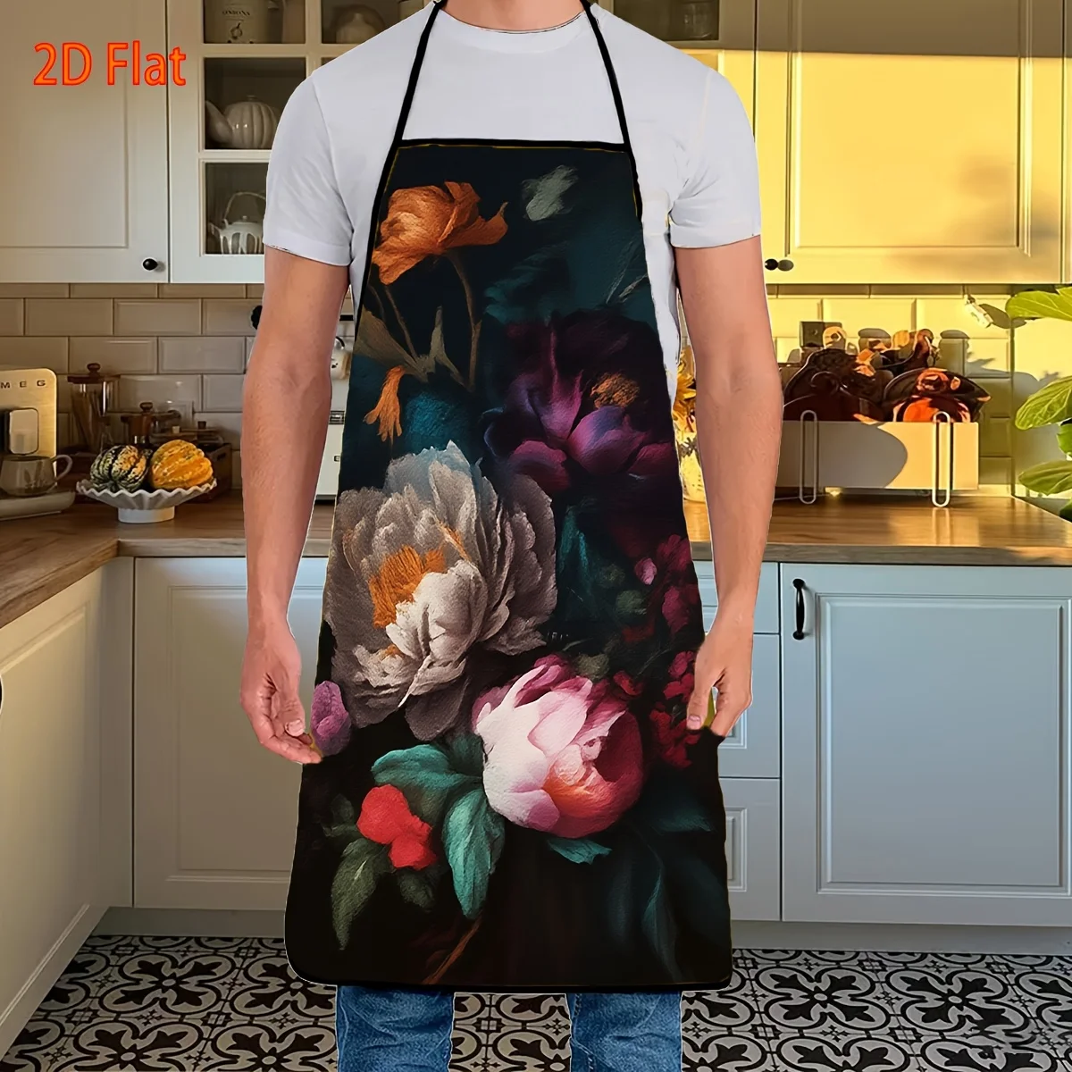 1pc, 2D Flat, Colorful Flowers, Patterned Apron, Suitable For, Reusable, Cooking Kitchen, Coffee Shop, Multi-Purpose, Valentine'