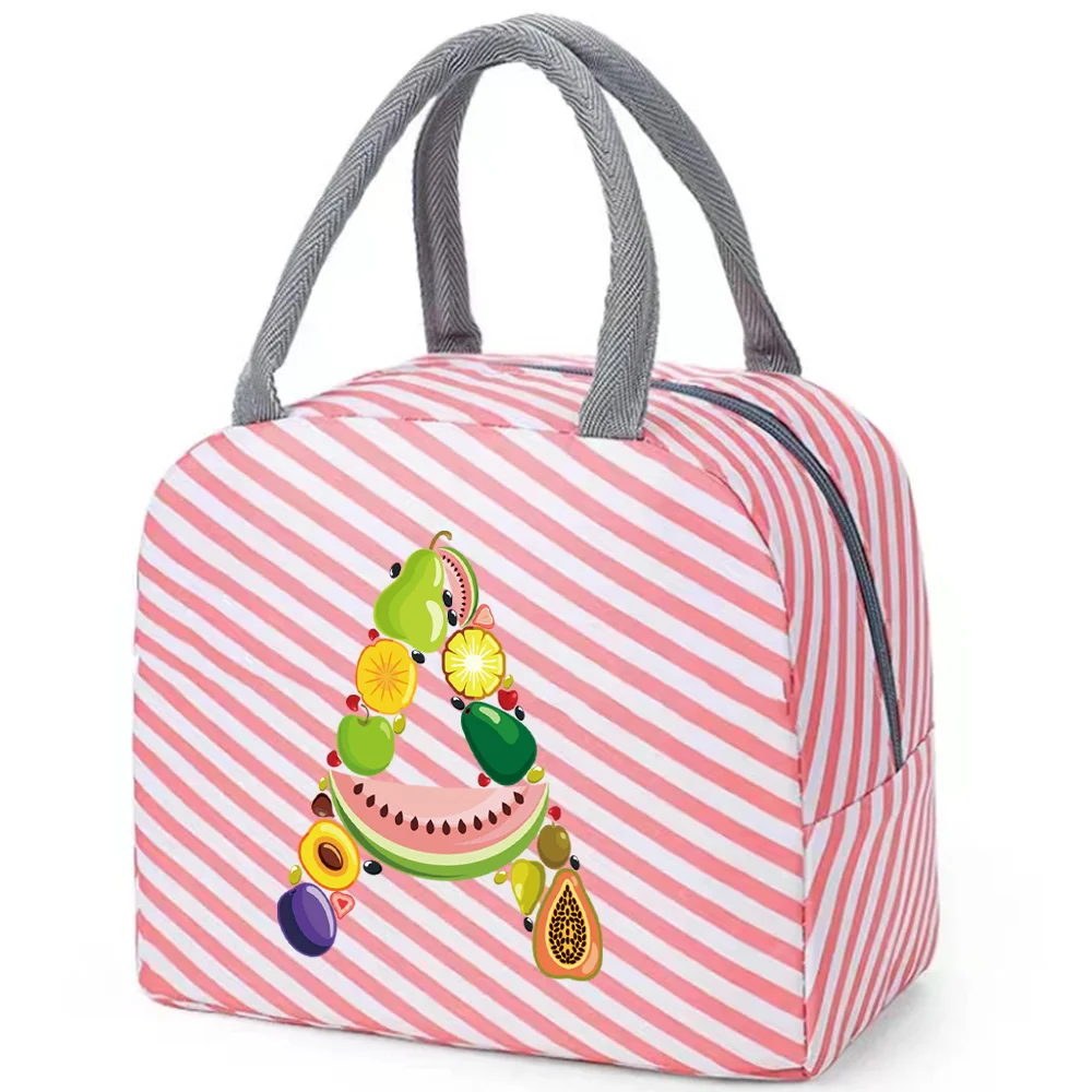 Insulated Lunch Box for Women Pink Cute Lunch Bag for Kids Cooler Waterproof Red Stripe Design Fruit Color Printing