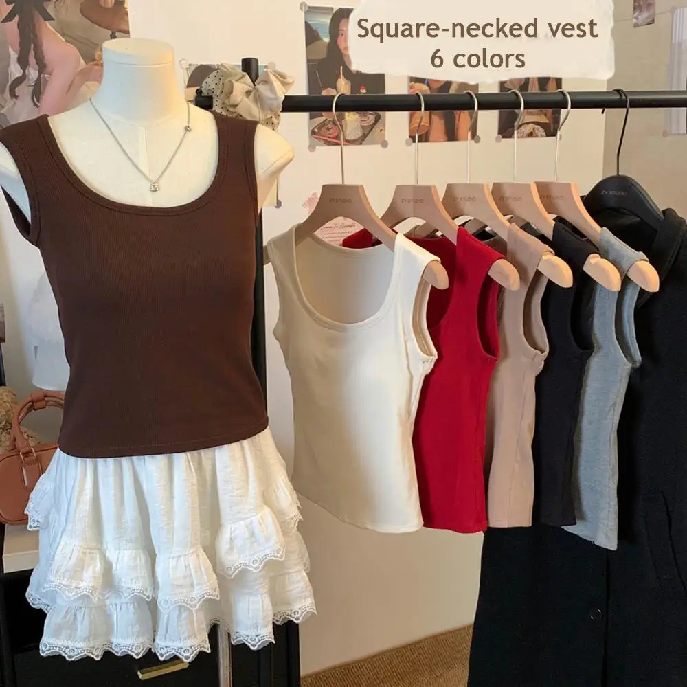 Square Collar Vest Wide Shoulder Strap Vest Outdoor Wear With Chest Pad Slim Fit T-Shirt Faionable Innerwear Base Tops Vest