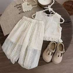 Girls Summer 2024 New Round Neck Panel Hollow Out Drawstring Printed Fashion Solid Color Casual and Western Princess Style Suit