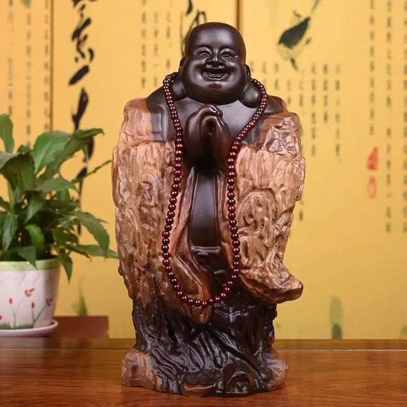 

CZ Ebony solid wood carving Maitreya Buddha root carving ornament large congratulations smile statue crafts mahogany home gifts