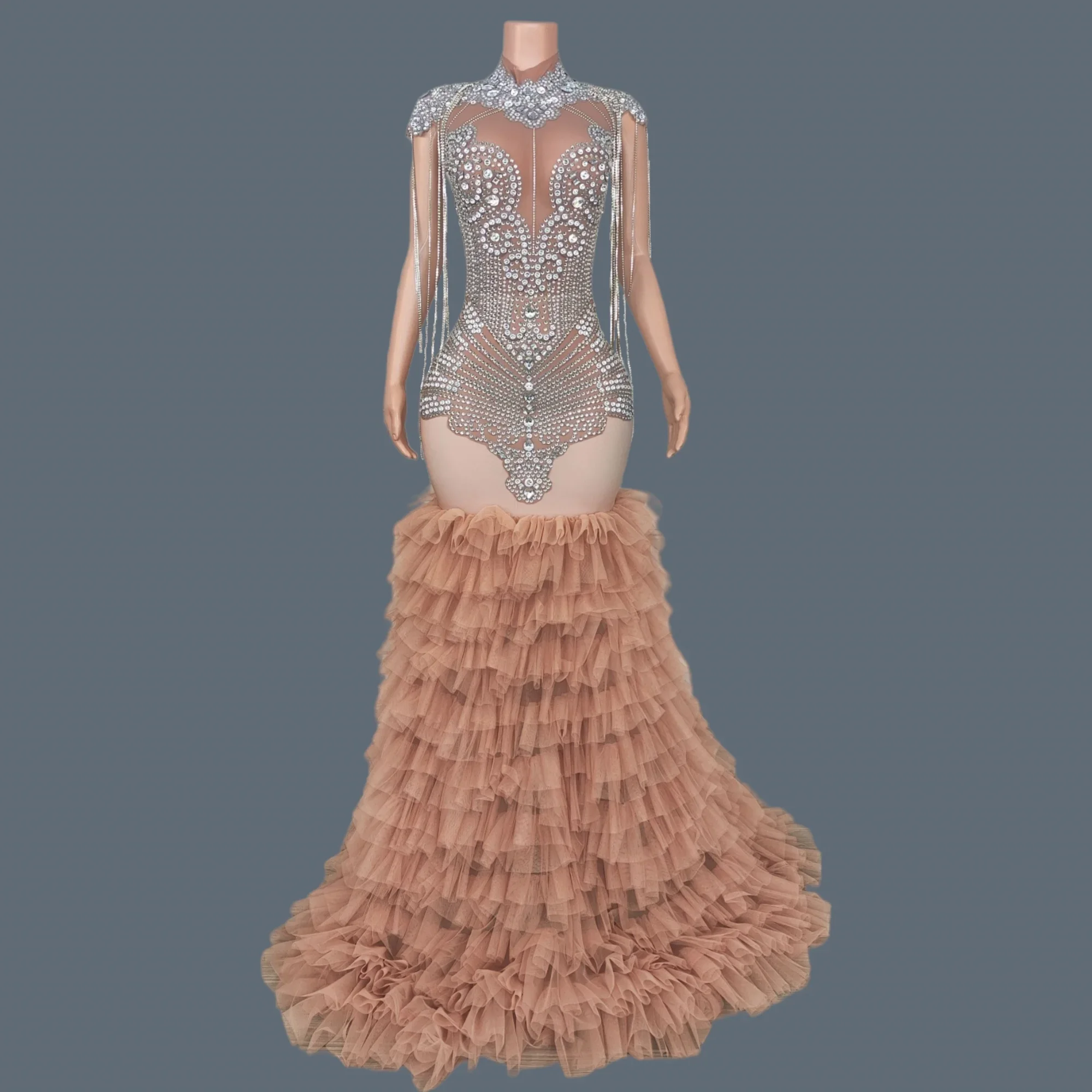 Birthday outfit Rhinestone Elegant Tassel Evening Dress Party Stage Outfit Elastic Gown Sheer Mesh Sexy Luxury Long Dress