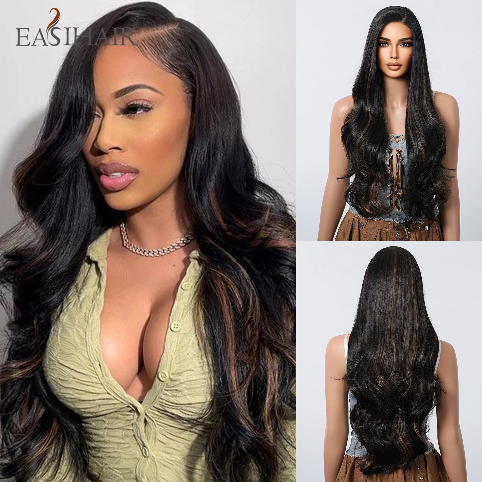 

Black with Highlight Lace Front Wigs Long Wavy Synthetic Lace Hair Wigs Side Part High Density Heat Resistant Daily Use Lace Wig