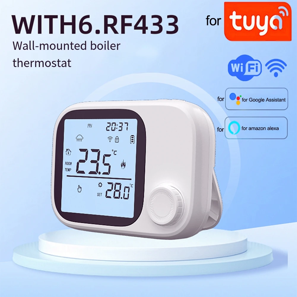 

RF433 Беспроводной термостат для котла с поддержкой Wi-Fi для интеллектуального программируемого контроля температуры Tuya и ручных автоматических режимов