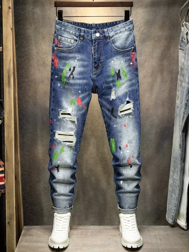 Street Fashion Men Jeans Retro Blue Elastic Stretch Slim Fit Hole Ripped Jeans Men Painted Designer Hip Hop Denim Pants Hombre