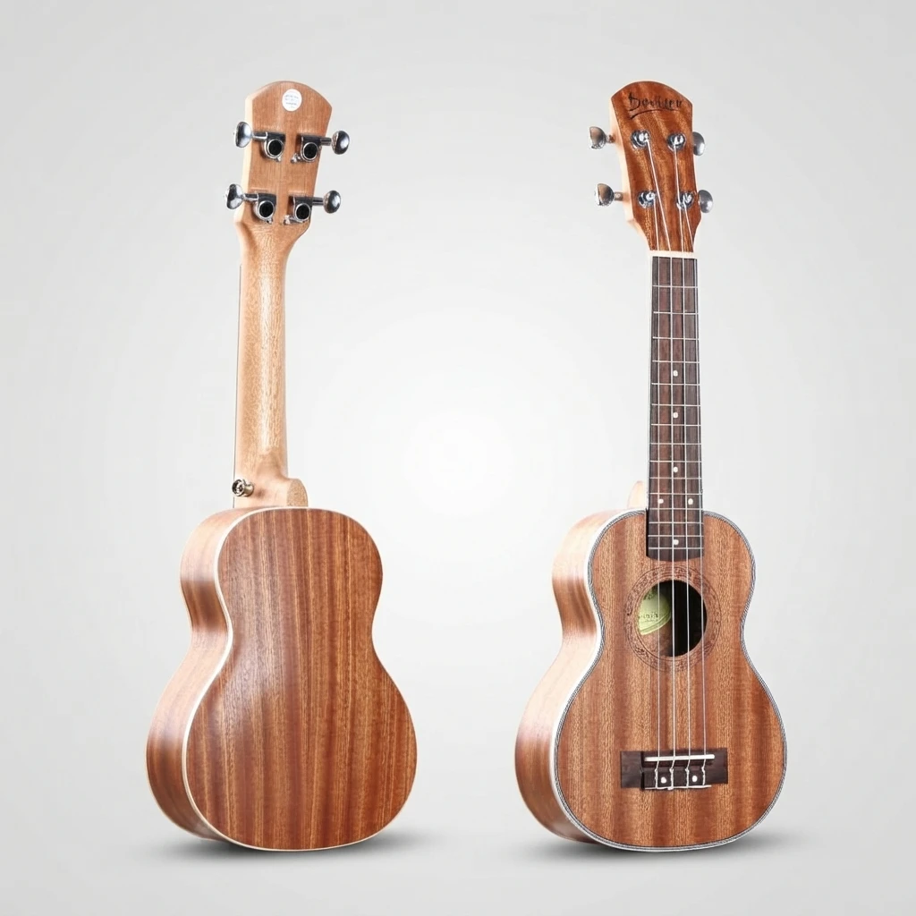 Natural Wood Soprano Ukulele, Gloss Top Dark Striped Back, 4 Strings, Silver Open Tuners, Decorative Rosette for Beginners
