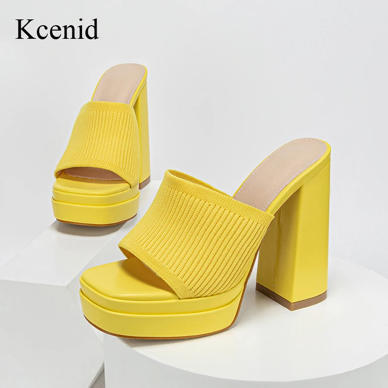 

Kcenid Sexy Stretch Fabric Knitted Chunky High Heels Platform Women Slipper Fashion Open Toe Ladies Party Wedding Shoes