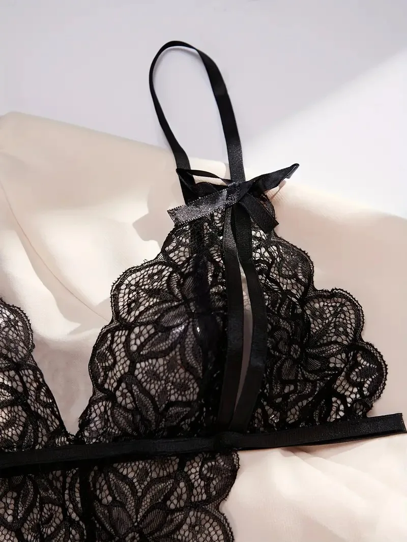 Sexy Perspective Erotic Lingerie with Open Cut Hollowed Out Leak Free Flirtatious Seductive Lace Suspender Suit for Women view 3