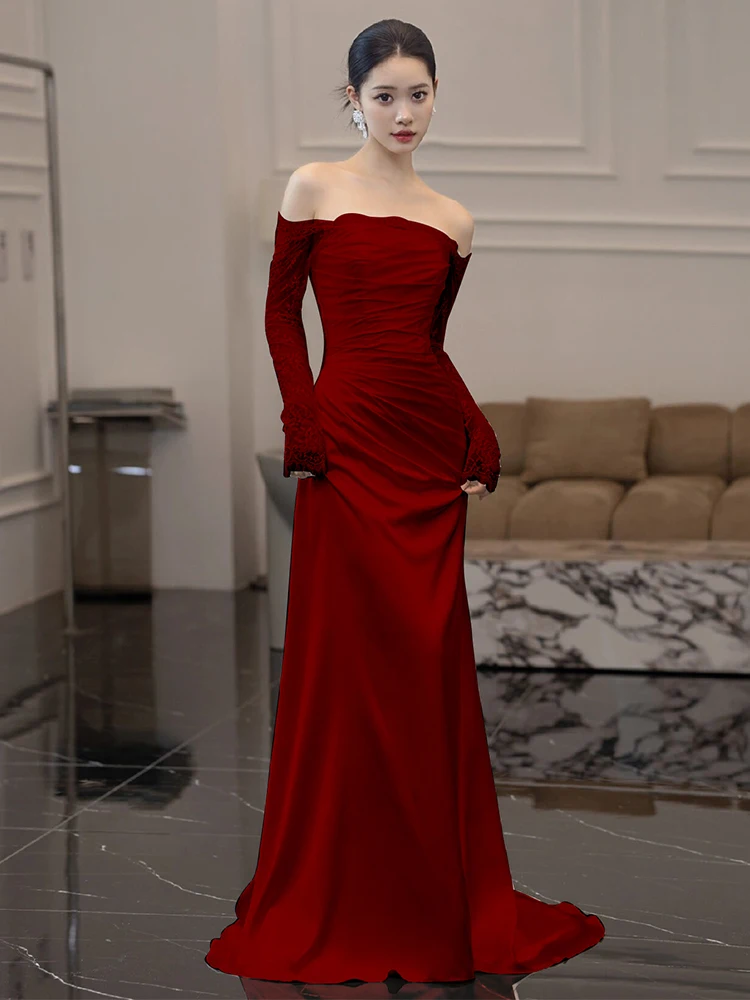 

Элегантное красное вечернее платье для невесты с одним рукавом, длинное, в пол, для торжественных мероприятий