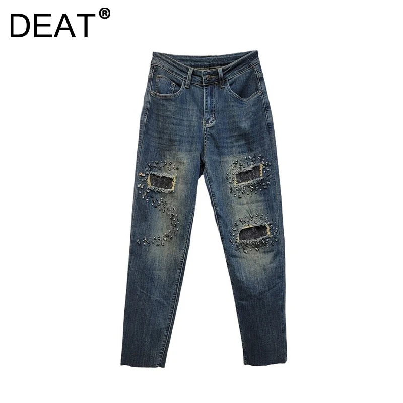 DEAT Women's Jeans Slim Stretch Diamonds Ankle-Length Fake Holes High Waist Denim Pencil Pants 2025 New Fashion Spring 29L9442