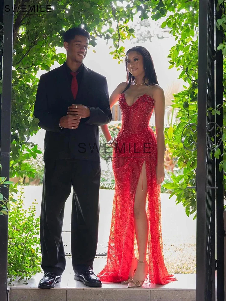 SWEMILE Rotes, mit Perlen verziertes Quasten-Luxus-Abschlussballkleid, sexy, schulterfrei, V-Ausschnitt, Seitenschlitz, Abendkleid, schwarzes Mädchen-Meerjungfrau-Partykleid