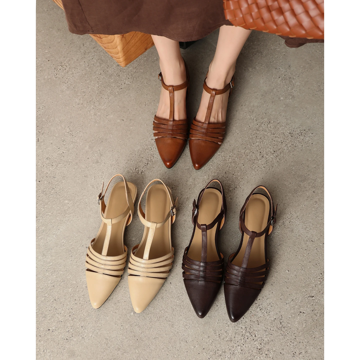 2026 summer women sandals natural leather 22-25cm cowhide+sheepskin pointed toe ankle-buckle wedges mules women slippers fashion
