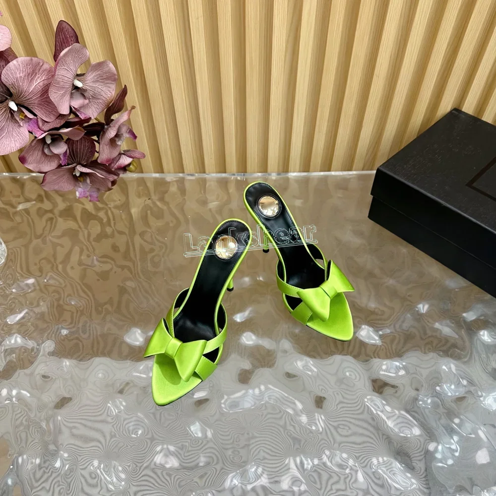 

Butterfly Knot Silk Women Slippers Pointed Open Toe Thin High Heels Pull-on Stiletto Elegant Modern Mules Solid Summer Sexy 2025