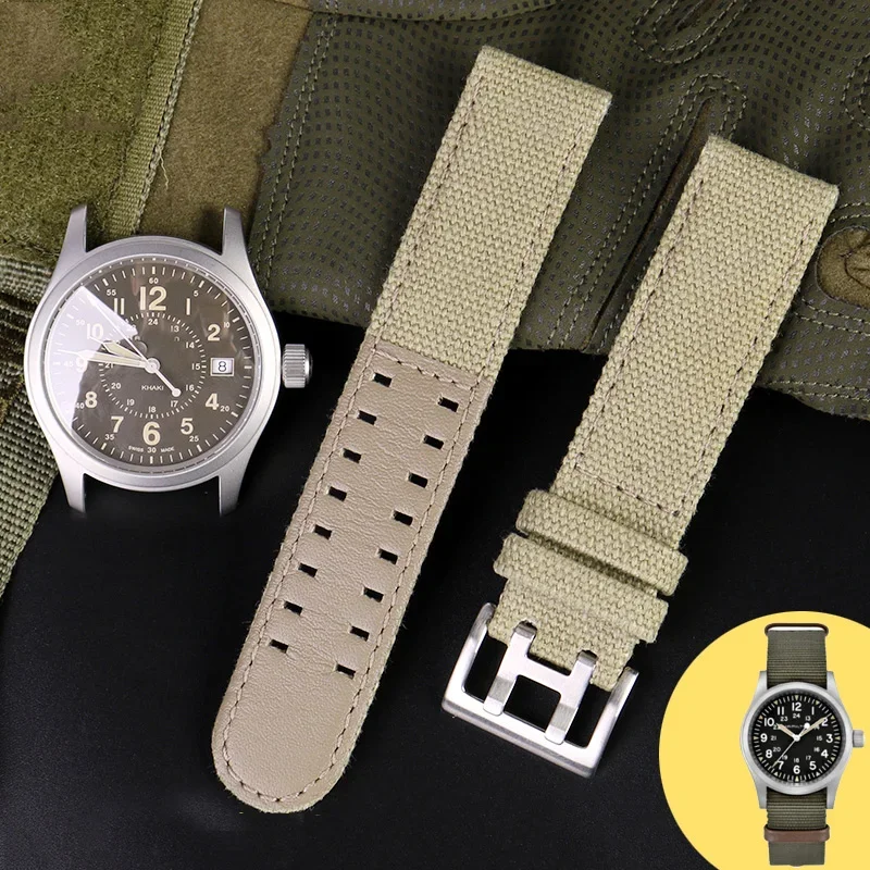 

Canvas Lea-ther Bottom Watc For Hamilton Khaki Field Watch H68201993 H7060596 Watchband Seiko Watch Strap 20mm 22mmBuckle