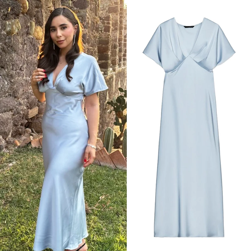 HXAO Women's Satin Long Dresses 2025 Spring Summer Elegant Party Evening Midi Dresses Vintage Blue Khaki Black Dresses Vestidos