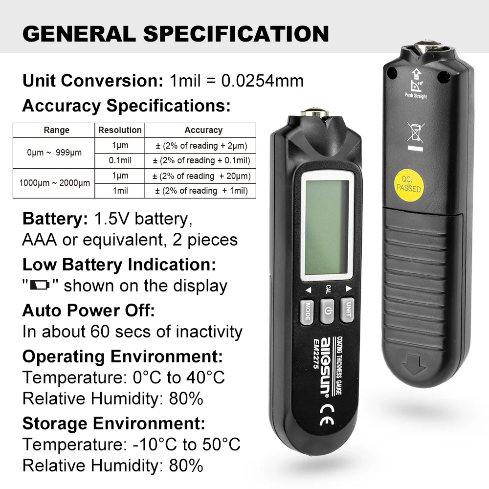 ALLOSUN Paint Thickness Meter Car Coating Thickness Gauge Auto Car Paint Depth Gauge, µm/mil Meter,Measuring Range: 0 to 2000UM