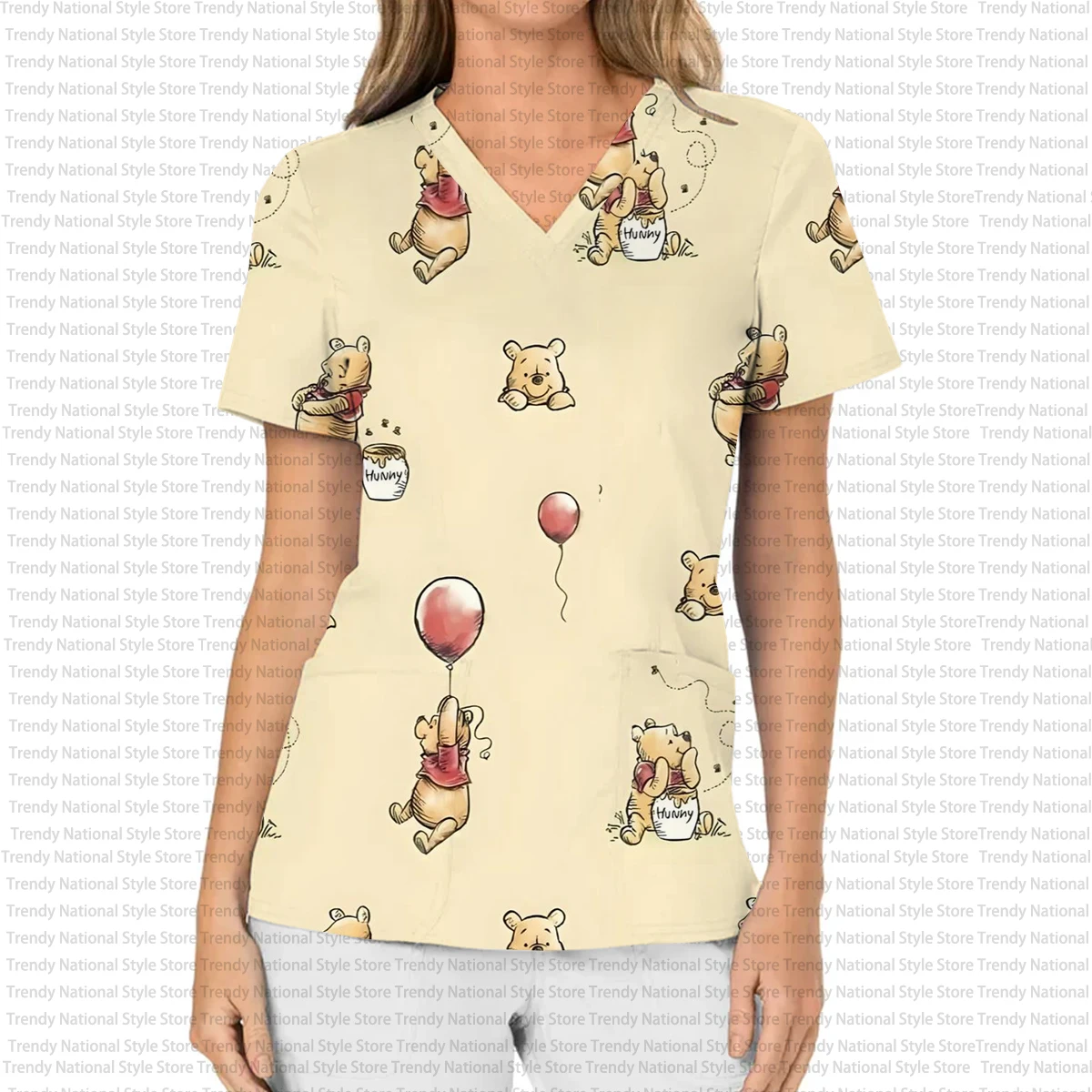 Disney Winnie de Poeh verpleegster dames ziekenhuis dierenwinkel T-shirt, dames werk verpleegster uniform bedrukte V-hals verpleegkundige matte top
