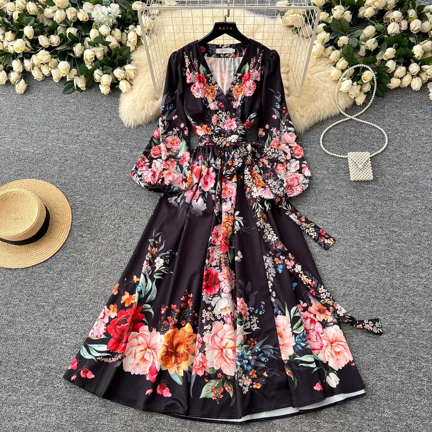 الربيع الصيف البوهيمي رائع زهرة فستان عطلة نفخة الأكمام الخامس الرقبة زهرة طباعة الصليب الخصر الدانتيل يصل رداء Vestidos الملابس