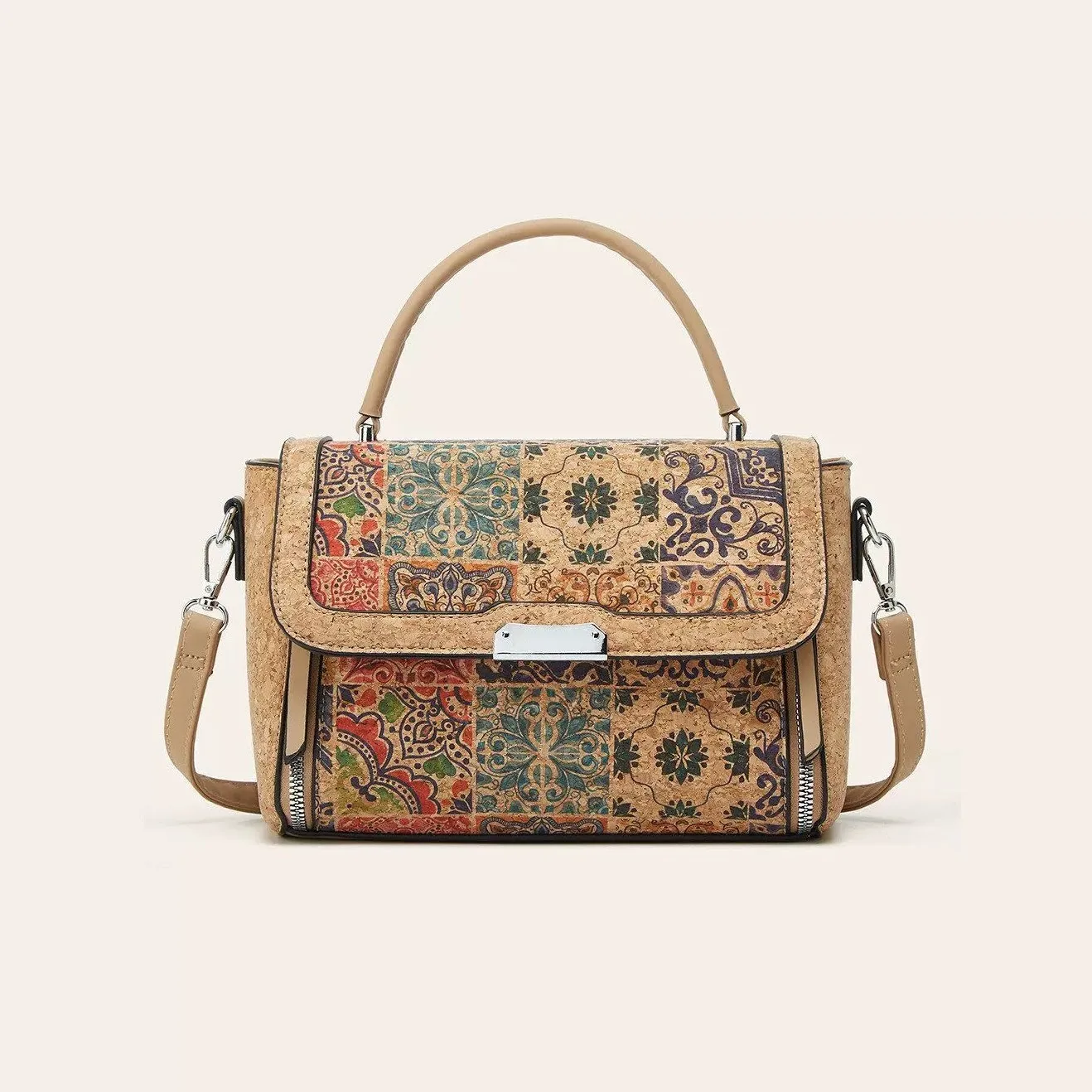 

Women's Soft Cork Treebark Printed Handbag Ethnic Style Lightweight Luxury Bag Muli Wind Handbag Fashionable Quilted Purse