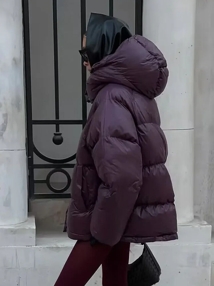 Damska kurtka bawełniana z kapturem, luźna, uniwersalna, nowa kolekcja zima 2025, styl high street, zapinana na zamek, z długim rękawem.