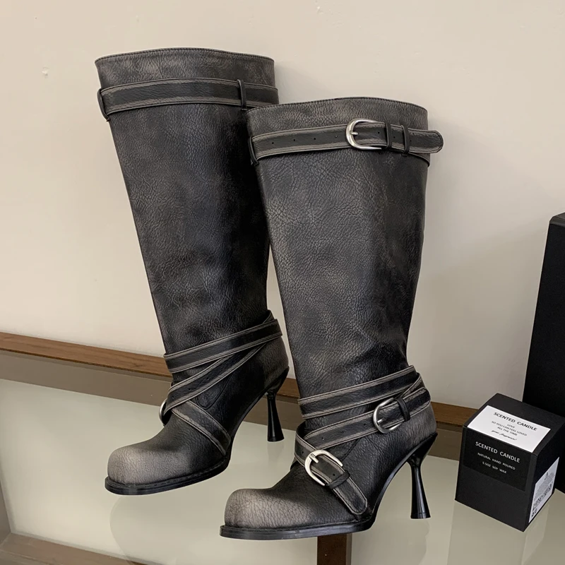 Eilyken Street Style Winter Vintage Design Knee High Boots Women Square Toe Stiletto Heel Buckle Riding Boots Long Botas