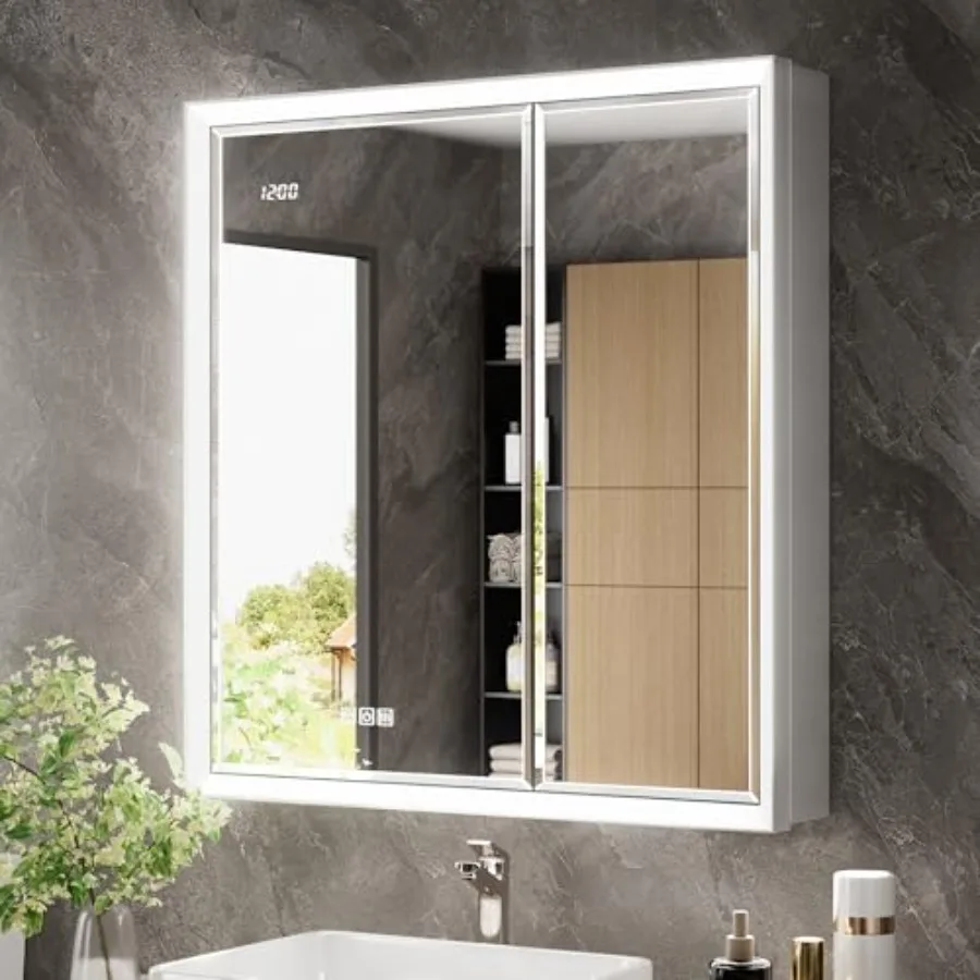 

Зеркальный шкаф для медикаментов 30x32 с подсветкой, врезной или накладной, с розеткой и часами, с защитой от влаги