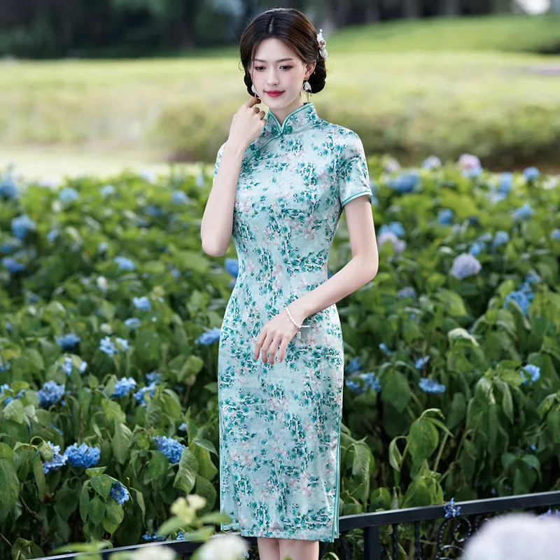 Summer New High Quality Real Silk Printed Mid-Length Short Sleeve Improved Cheongsam Qipao Women's Dress