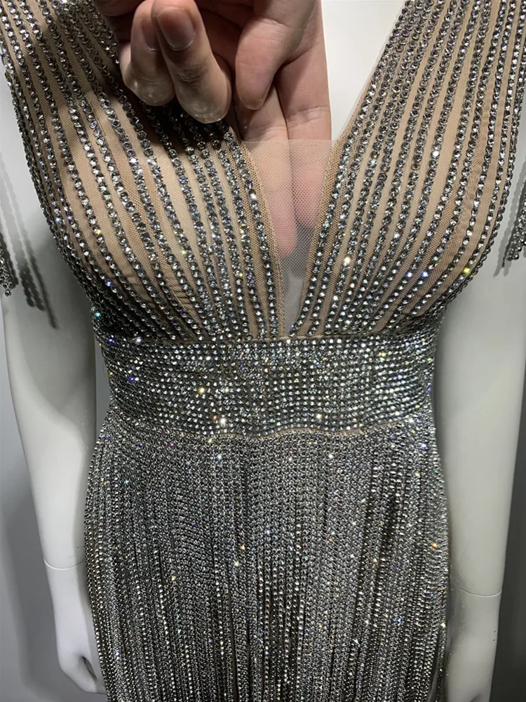 Robe à Franges et Diamants pour Femme, Col en V, Mini Paillettes, Costumes de Scène, de Soirée, de Club, de Luxe