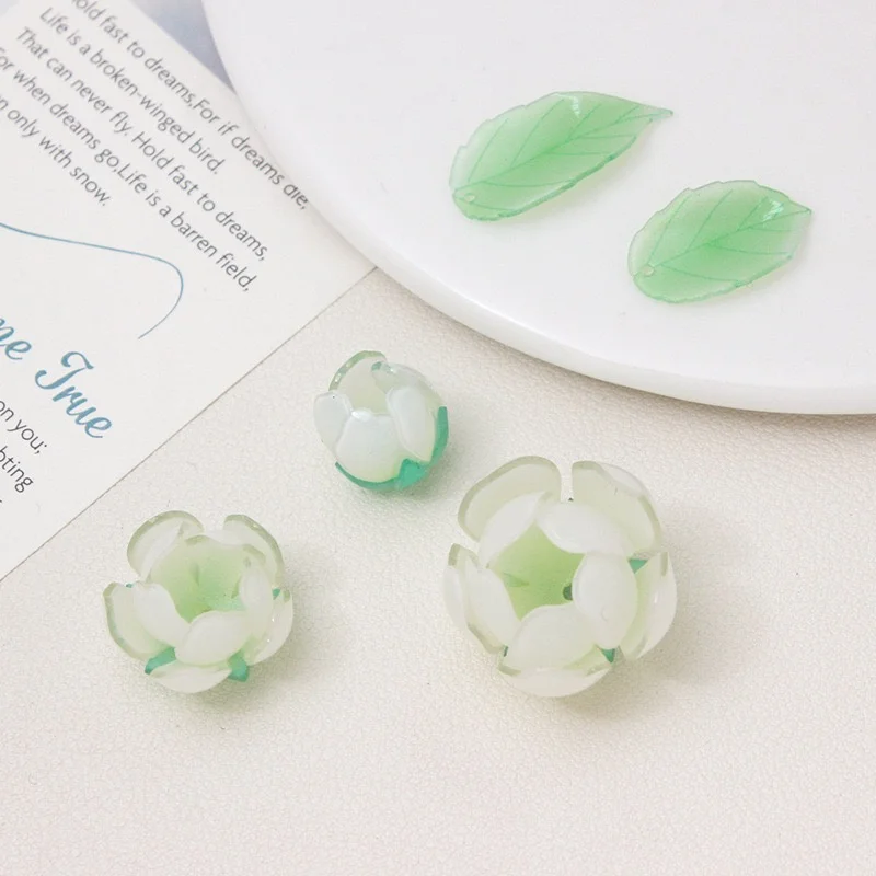 summer style 50pcs/lot green color print cartoon leaves rose flowers shape handmade floral beads diy jewelry garment accessory