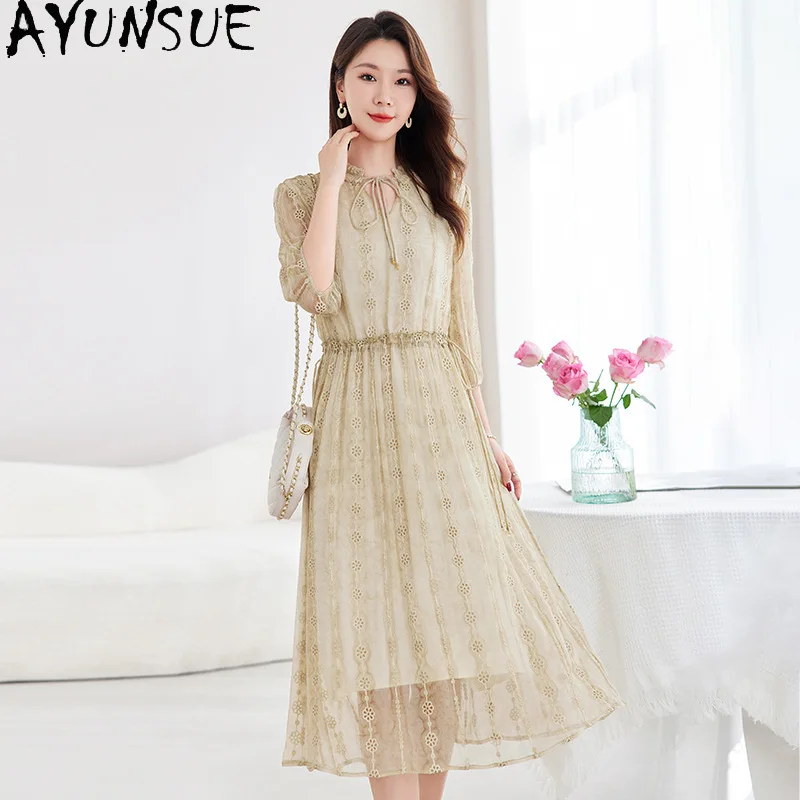 AYUNSUE 100% Mulberry Silk Summer Dress Women Clothing Casual Elegant Womens Dresses Drawstring Embroidery Vestidos Femenino